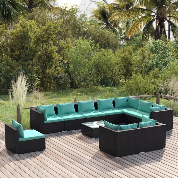 Set Divani da Giardino 11 pz con Cuscini in Polyrattan Nero