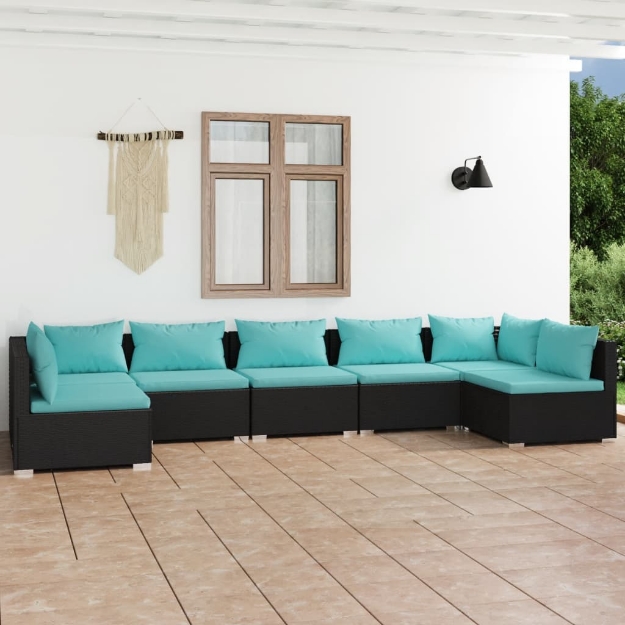 Set Divani da Giardino 7 pz con Cuscini in Polyrattan Nero