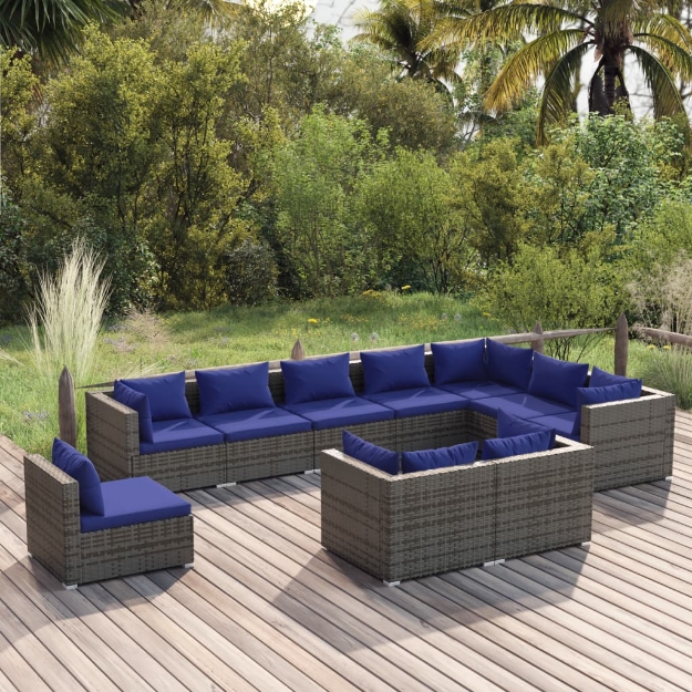 Set Divani da Giardino 10 pz con Cuscini in Polyrattan Grigio