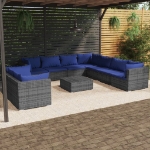 Set Divani da Giardino 10 pz con Cuscini in Polyrattan Grigio