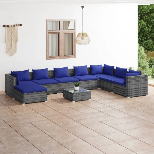 Set Divani da Giardino 9 pz con Cuscini in Polyrattan Grigio