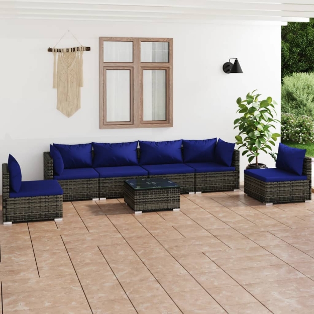 Set Divani da Giardino 7 pz con Cuscini in Polyrattan Grigio