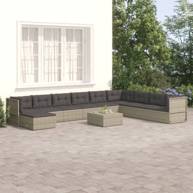 Set Divani da Giardino 10 pz con Cuscini in Polyrattan Grigio