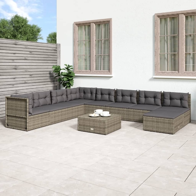 Set Divani da Giardino 9 pz con Cuscini in Polyrattan Grigio