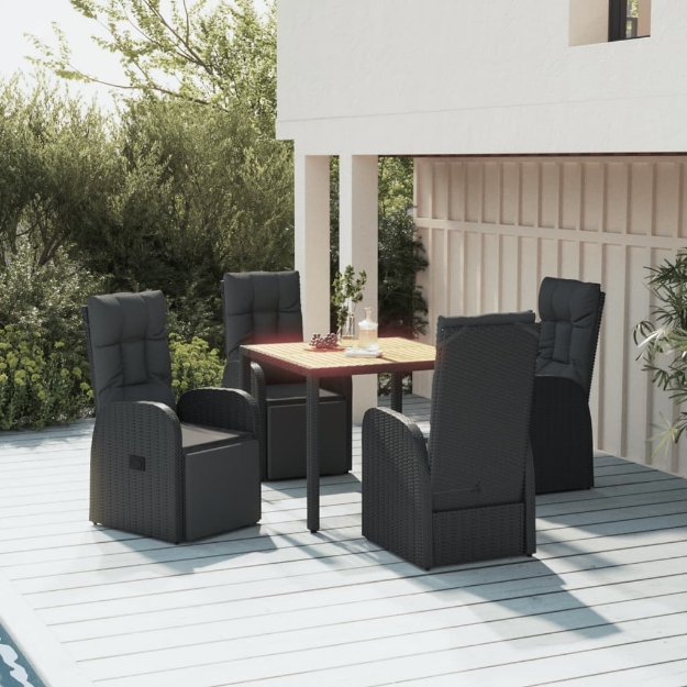 Set Pranzo Giardino 5pz Nero Polyrattan Legno Massello Acacia