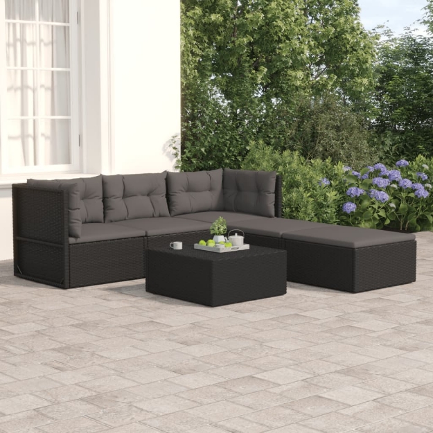 Set Divani da Giardino 5 pz con Cuscini Nero in Polyrattan