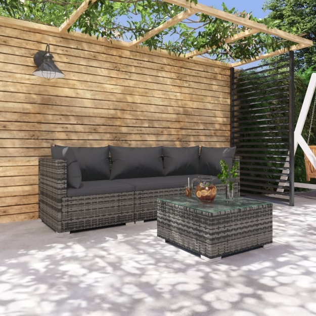 Set Divani da Giardino 4 pz con Cuscini in Polyrattan Grigio