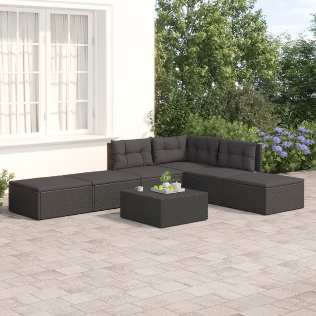 Set Mobili da Giardino 6 pz con Cuscini in Polyrattan Nero