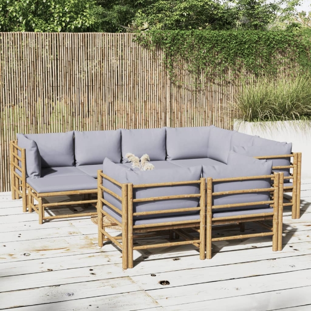 Set Salotto da Giardino 10pz con Cuscini Grigio Chiaro Bambù