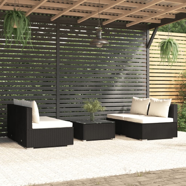 Set Salotto da Giardino 5 pz con Cuscini in Polyrattan Nero