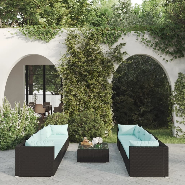 Set Divani da Giardino 9 pz con Cuscini in Polyrattan Nero