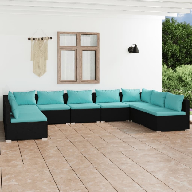 Set Divani da Giardino 9 pz con Cuscini in Polyrattan Nero