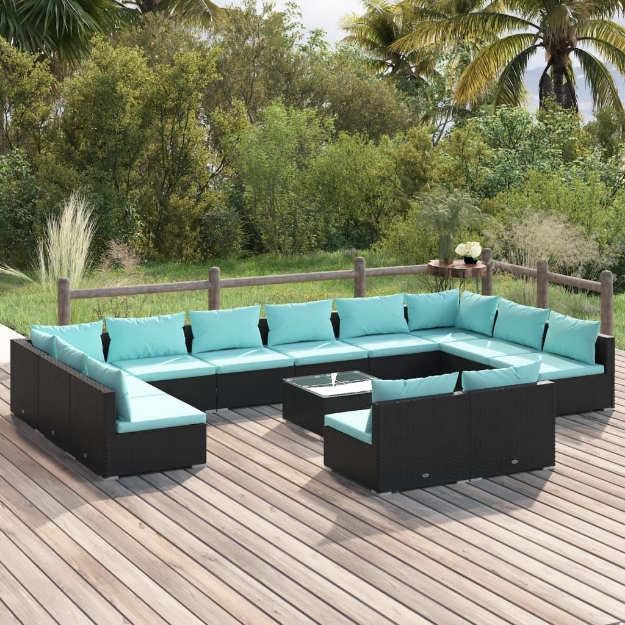 Set Divani da Giardino 13 pz con Cuscini in Polyrattan Nero