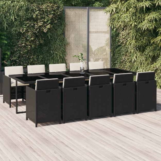 Set da Pranzo per Giardino 11 pz con Cuscini in Polyrattan Nero