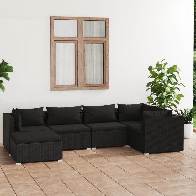 Set Divani da Giardino 6 pz con Cuscini in Polyrattan Nero