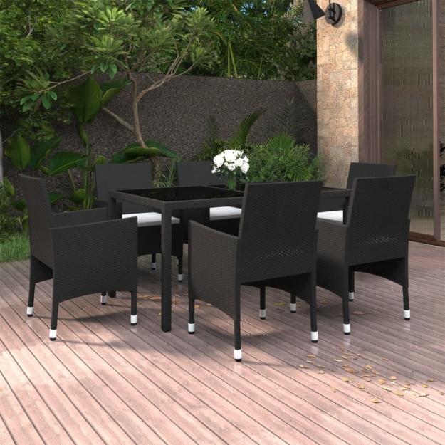 Set da Pranzo Giardino 7 pz Polyrattan e Vetro Temperato Nero