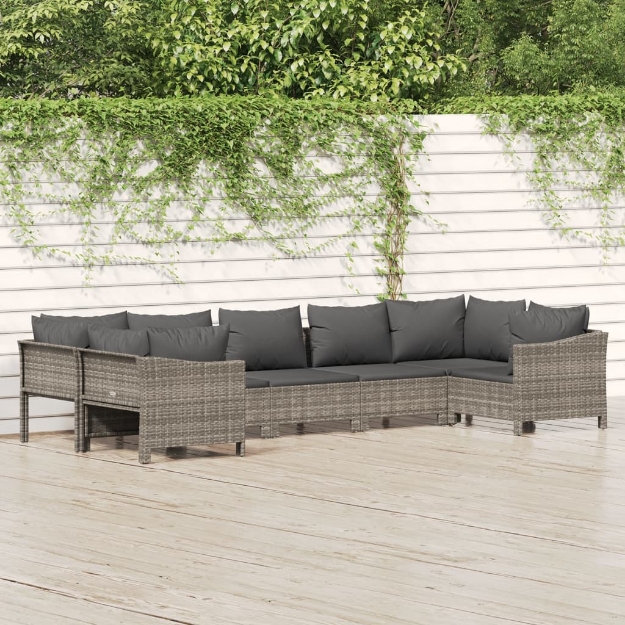 Set Divani da Giardino 7 pz con Cuscini in Polyrattan Grigio