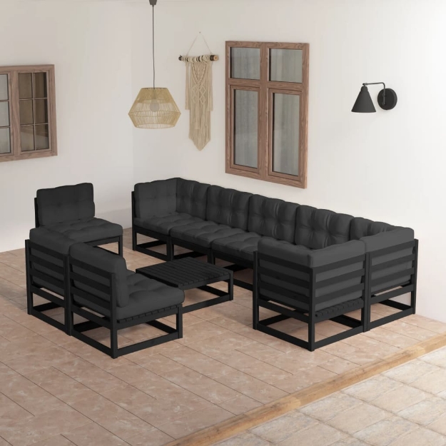 Set Divani da Giardino 10 pz con Cuscini Legno Massello di Pino