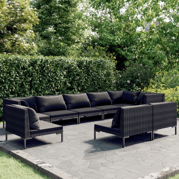 Set Divani da Giardino 9 pz con Cuscini Polyrattan Grigio Scuro