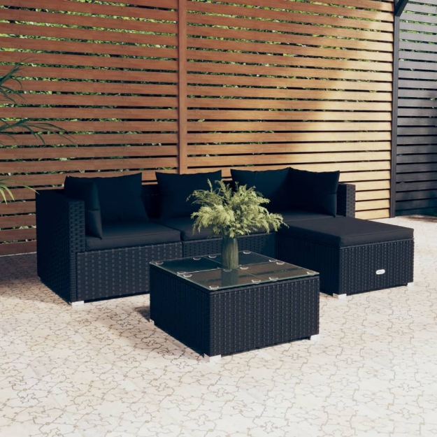 Set Divani da Giardino 5 pz con Cuscini in Polyrattan Nero