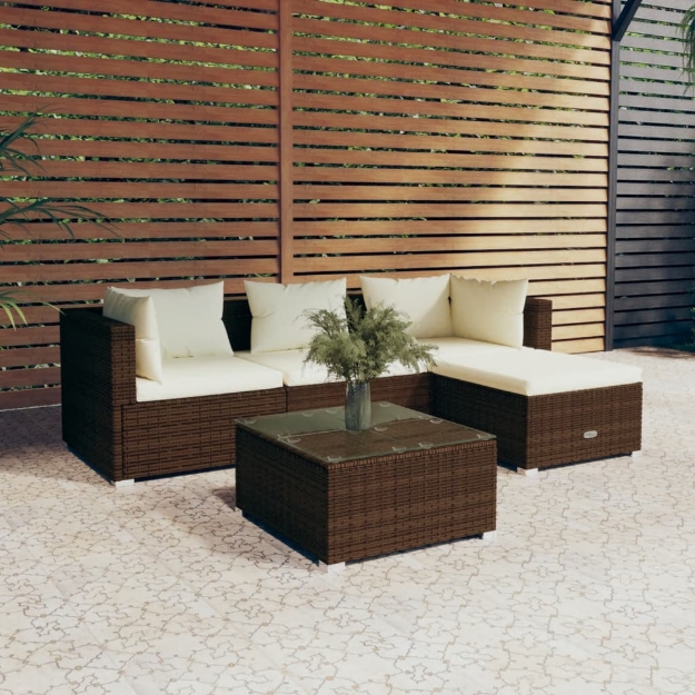 Set Divani da Giardino 5 pz con Cuscini in Polyrattan Marrone