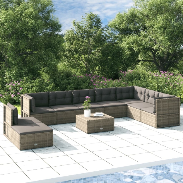 Set Divani da Giardino 9 pz con Cuscini in Polyrattan Grigio