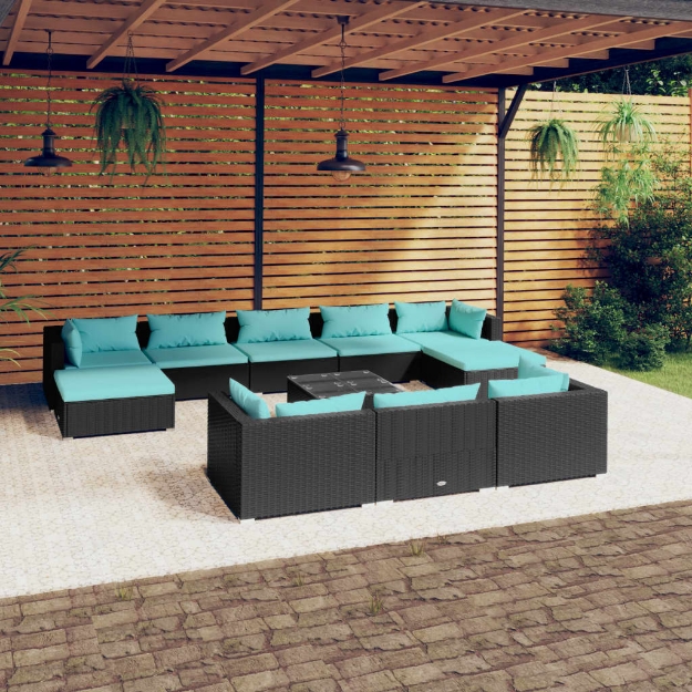 Set Divani da Giardino 11 pz con Cuscini in Polyrattan Nero