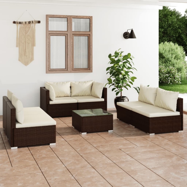 Set Divani da Giardino 7 pz con Cuscini in Polyrattan Marrone