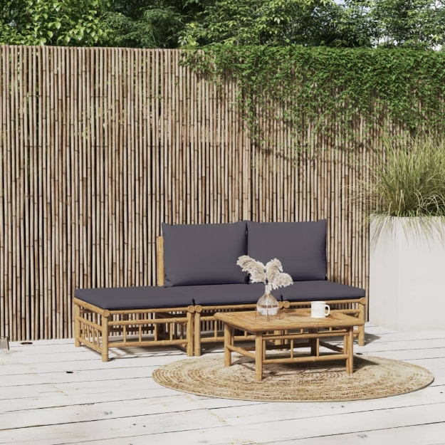 Set Salotto da Giardino 4pz con Cuscini Grigio Scuro Bambù