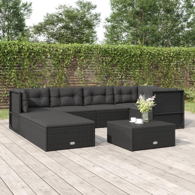 Set Salotto da Giardino con Cuscini 7pz Nero Polyrattan