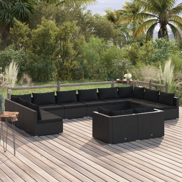 Set Divani da Giardino 12 pz con Cuscini in Polyrattan Nero