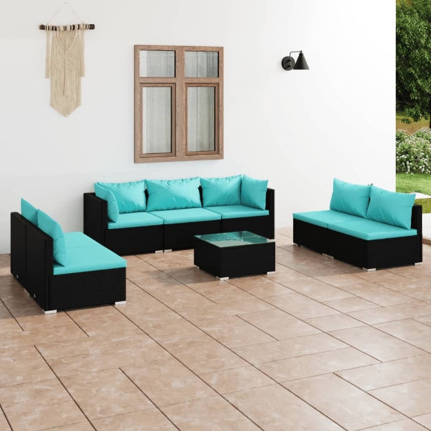 Set Divani da Giardino 8 pz con Cuscini in Polyrattan Nero