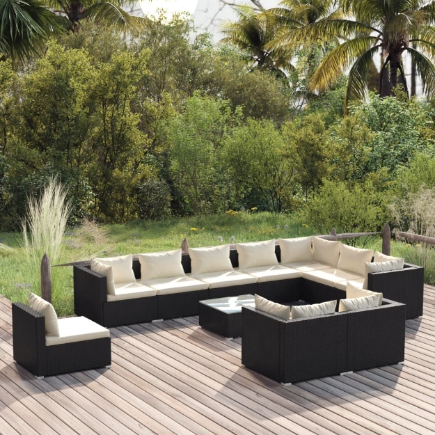 Set Divani da Giardino 11 pz con Cuscini in Polyrattan Nero