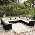 Set Salotto da Giardino 10pz con Cuscini in Polyrattan Nero