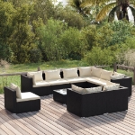 Set Salotto da Giardino 10 pz con Cuscini in Polyrattan Nero