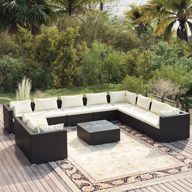 Set Mobili da Giardino 11 pz con Cuscini in Polyrattan Nero