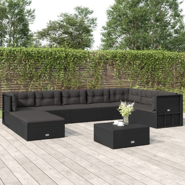 Set Salotto da Giardino con Cuscini 9pz Nero in Polyrattan