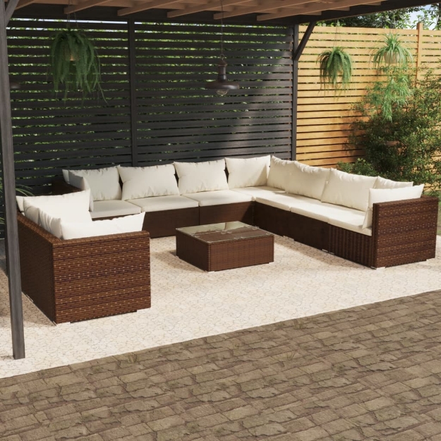 Set Divani da Giardino 10 pz con Cuscini in Polyrattan Marrone