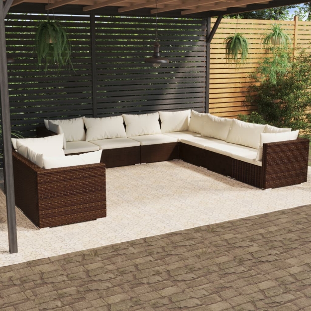 Set Divani da Giardino 9 pz con Cuscini in Polyrattan Marrone