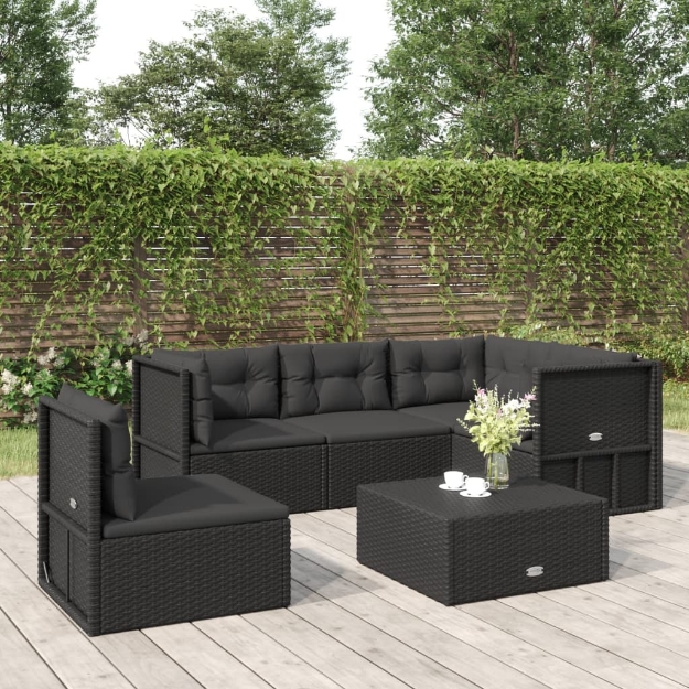 Set Divani da Giardino 5 pz con Cuscini Nero in Polyrattan