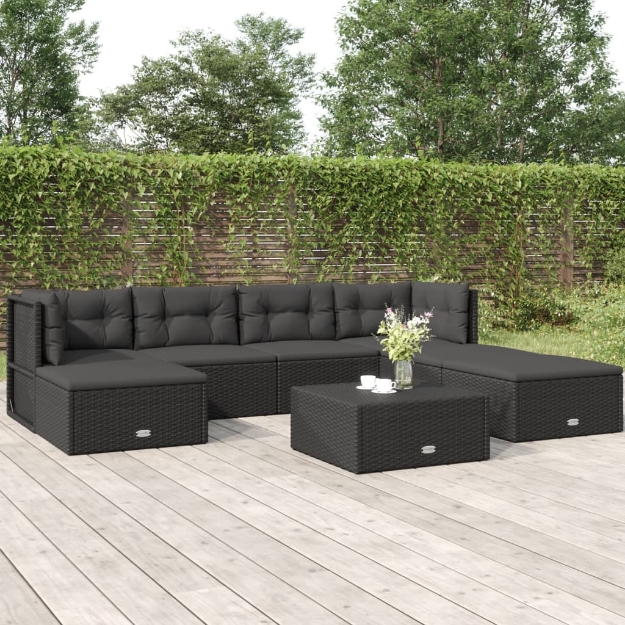 Set Salotto da Giardino con Cuscini 7pz Nero Polyrattan