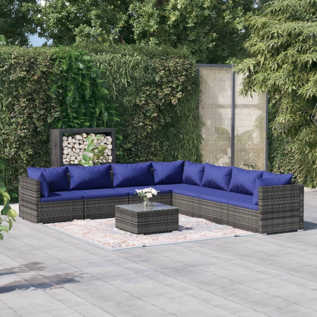 Set Divani da Giardino 8 pz con Cuscini in Polyrattan Grigio