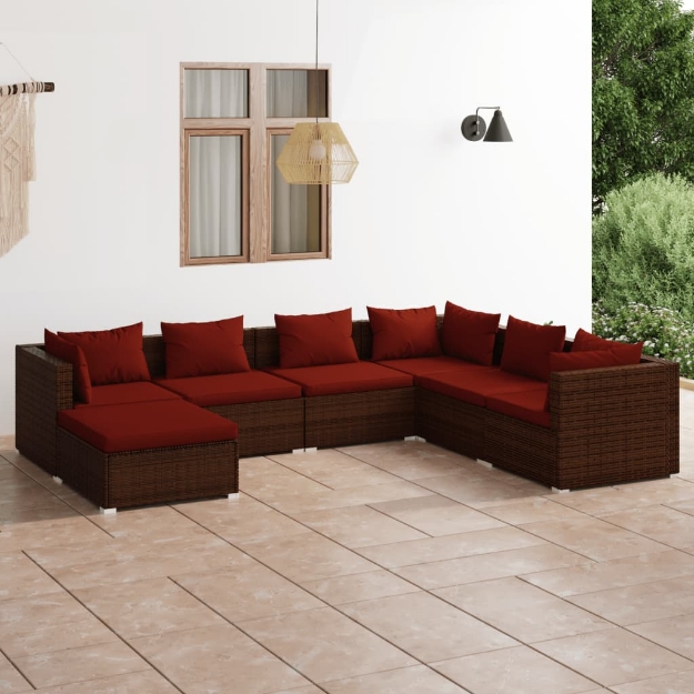 Set Divani da Giardino 7 pz con Cuscini in Polyrattan Marrone