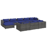 Set Divani da Giardino 10 pz con Cuscini in Polyrattan Grigio