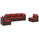 Set Divani da Giardino 5 pz con Cuscini in Polyrattan Marrone