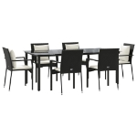 Set da Pranzo da Giardino 7 pz Nero con Cuscini in Polyrattan