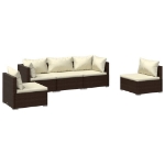 Set Divani da Giardino 5 pz con Cuscini in Polyrattan Marrone