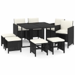 Set da Pranzo da Giardino 9 pz con Cuscini in Polyrattan Nero