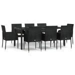 Set da Pranzo da Giardino 9 pz con Cuscini Nero in Polyrattan