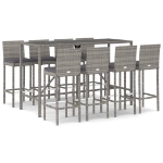 Set Bar da Giardino 9 pz con Cuscini in Polyrattan Grigio